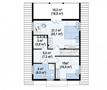 Проект компактного одноэтажного мансардного дома из кирпича с барбекю на крытой террасе / План мансардного этажа Проект компактного одноэтажного мансардного дома из кирпича с барбекю на крытой террасе / План мансардного этажа