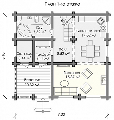 Проект дома из бревна с тремя просторными спальнями / План 1 этажа Проект дома из бревна с тремя просторными спальнями / План 1 этажа