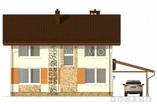 Проект практичного двухэтажного дома с большой гардеробной и навесом для автомобиля  / Фасад 2