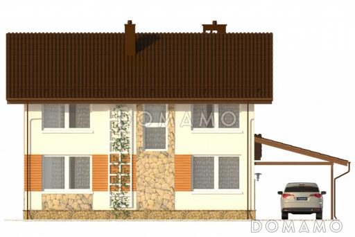 Проект практичного двухэтажного дома с большой гардеробной и навесом для автомобиля  / Фасад 2