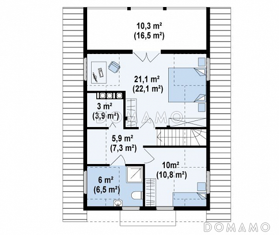 Проект компактного одноэтажного мансардного дома из кирпича с барбекю на крытой террасе / План мансардного этажа Проект компактного одноэтажного мансардного дома из кирпича с барбекю на крытой террасе / План мансардного этажа
