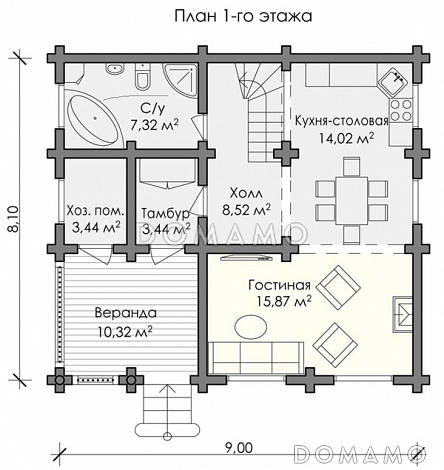 Проект дома из бревна с тремя просторными спальнями / План 1 этажа Проект дома из бревна с тремя просторными спальнями / План 1 этажа