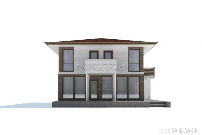 Проект современного дома из клееного бруса с двумя небольшими балконами на втором этаже Проект современного дома из клееного бруса с двумя небольшими балконами на втором этаже