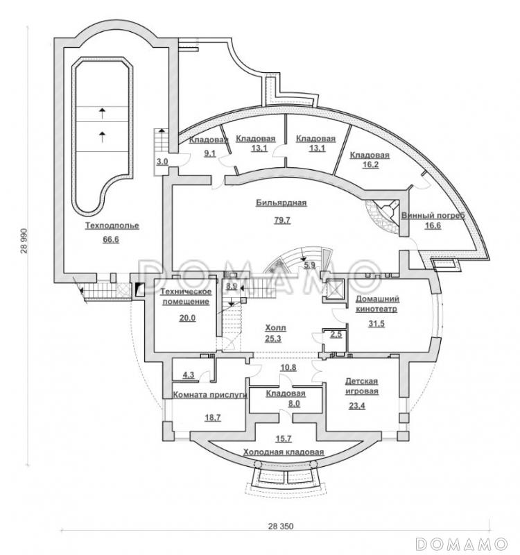 Проект коттеджа с бассейном и стеклянным куполом / План цокольного этажа