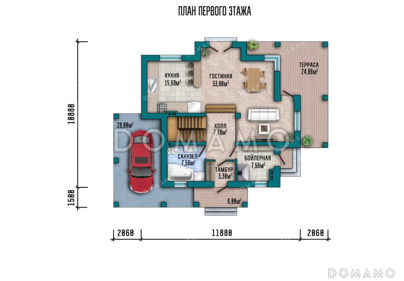 Проект дома с навесом для автомобиля, крытой террасой и двумя балконами на мансарде / План 1 этажа