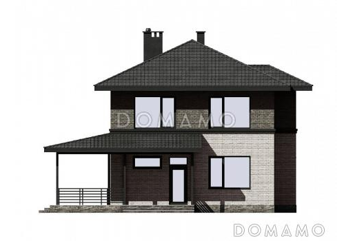 Проект дома с большой крытой террасой, комнатой на первом этаже, кабинетом / Фасад 1