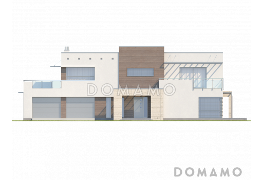 Проект современного двухэтажного дома в стиле хай-тек из газобетона с плоской крышей, балконом и гаражом с двумя отдельными въездами  / Фасад 1