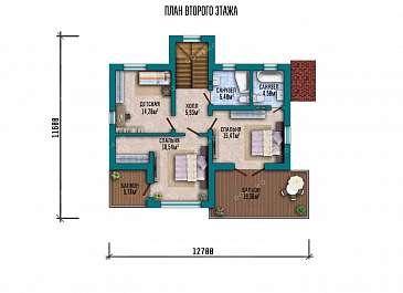 Проект двухэтажного дома с террасой и тремя спальнями / План 2 этажа Проект двухэтажного дома с террасой и тремя спальнями / План 2 этажа