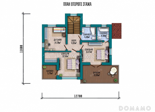 Проект двухэтажного дома с террасой и тремя спальнями / План 2 этажа Проект двухэтажного дома с террасой и тремя спальнями / План 2 этажа