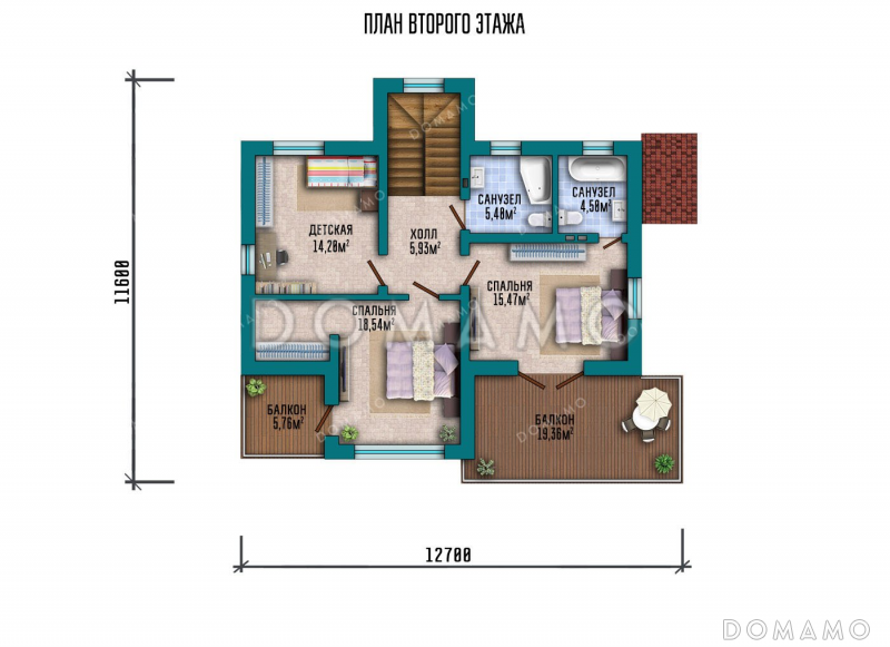 Проект двухэтажного дома с террасой и тремя спальнями / План 2 этажа
