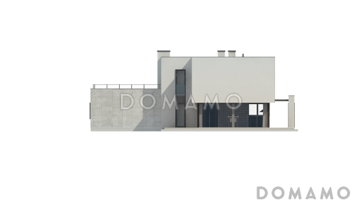 Проект современного двухэтажного дома из газобетона с плоской крышей с гаражом для двух автомобилей и террасами на обоих уровнях / Фасад 3