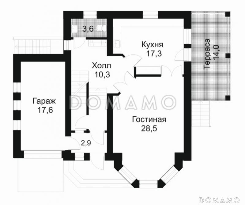Проект четырехкомнатного коттеджа с гаражом на 1 машину / План 1 этажа