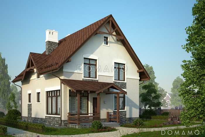 Проект теплого дачного дома с остекленной верандой и декоративными балками под коньком крыши Проект теплого дачного дома с остекленной верандой и декоративными балками под коньком крыши