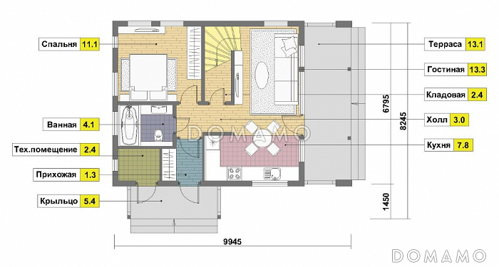 Проект двухэтажного каркасного дома с 4 спальнями и просторной лоджией / План 1 этажа