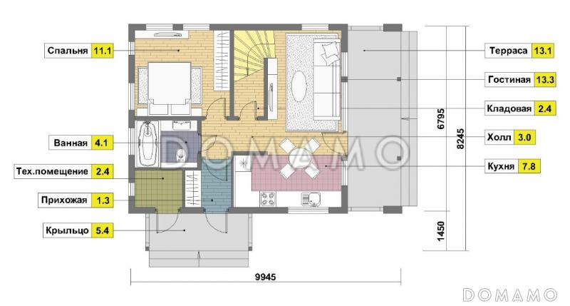 Проект двухэтажного каркасного дома с 4 спальнями и просторной лоджией / План 1 этажа