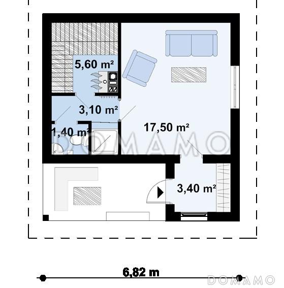 Проект небольшой бани из газобетона с комнатой отдыха и крытой террасой / План 1 этажа