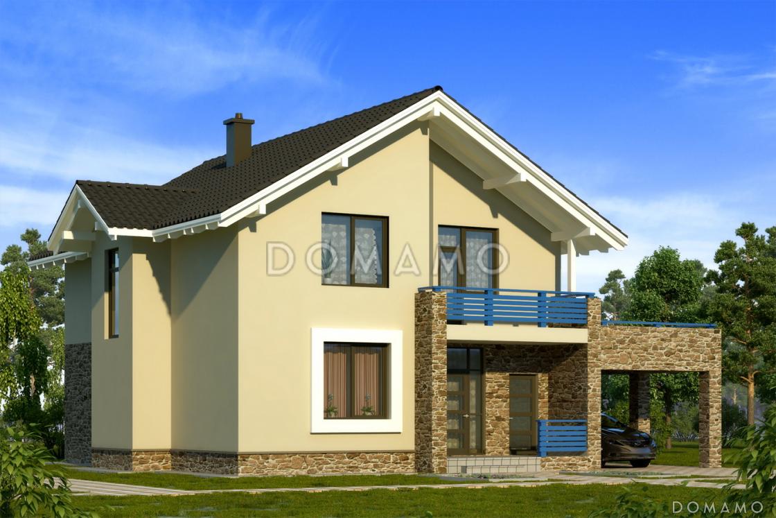 Проект загородного дома с каменного облицовкой крыльца и панорамными окнами гостиной / 2