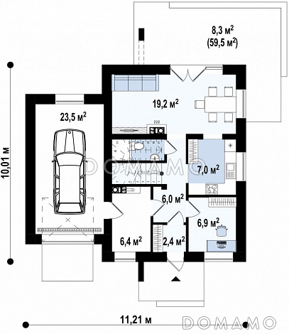 Проект одноэтажного мансардного дома из кирпича с тремя спальнями, кабинетом и гаражом  / План 1 этажа