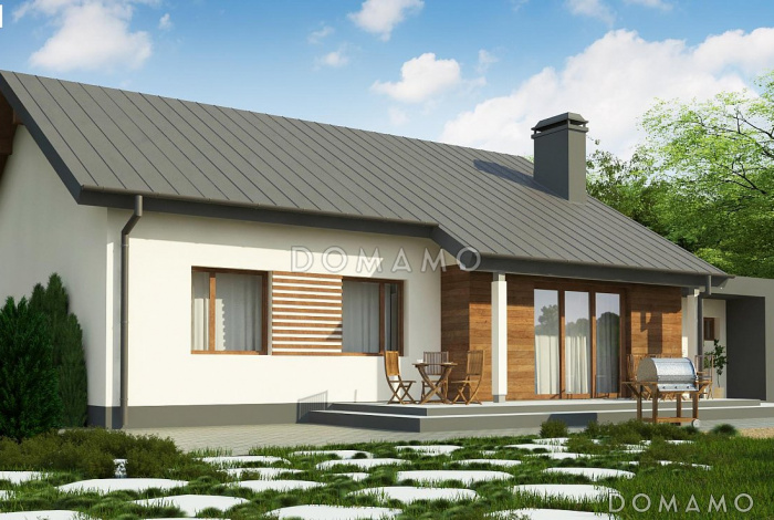 Проект одноэтажного дома из кирпича с гаражом и отделённой спальной зоной