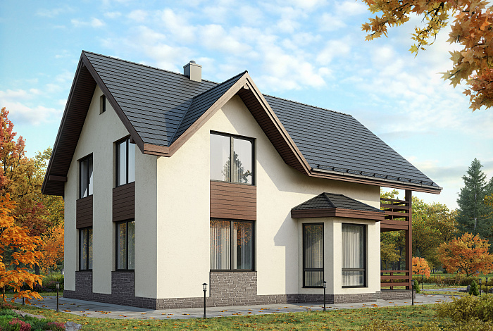 Проект загородного дома из пеноблоков с тремя спальными комнатами на мансардном этаже