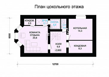 Проект гармоничного, кирпичного дома с эркером, сауной и коричневой крышей / План цокольного этажа Проект гармоничного, кирпичного дома с эркером, сауной и коричневой крышей / План цокольного этажа