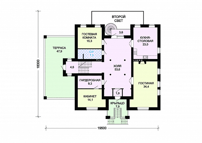 Проект кирпичного дома с воздушной оранжереей / План 1 этажа