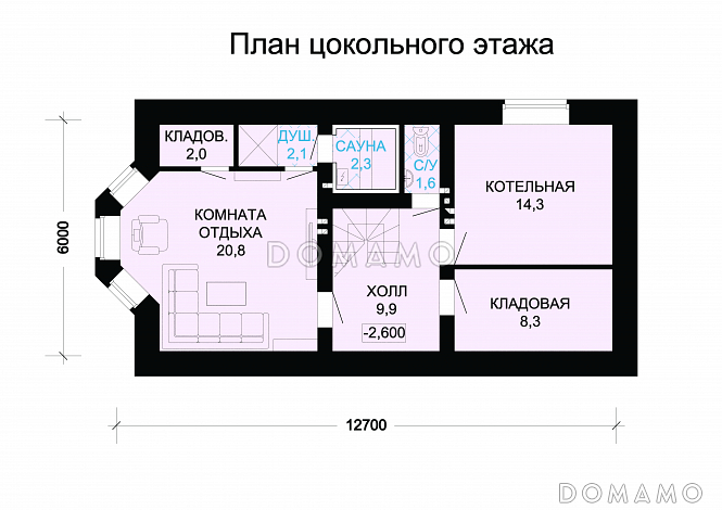 Проект гармоничного, кирпичного дома с эркером, сауной и коричневой крышей / План цокольного этажа Проект гармоничного, кирпичного дома с эркером, сауной и коричневой крышей / План цокольного этажа