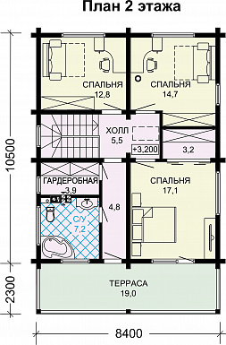Проект двухэтажного дома из бруса с тремя спальнями / План 2 этажа Проект двухэтажного дома из бруса с тремя спальнями / План 2 этажа