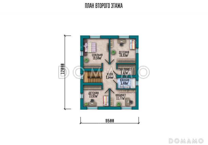 Проект двухэтажного дома с 4 спальнями, кабинетом, просторной кухней-гостиной и длинной крытой террасой / План 2 этажа