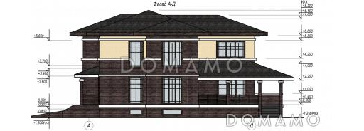 Проект особняка с цокольным этажом, гаражом на две машины, пятью спальнями и террасой с барбекю / Фасад 4