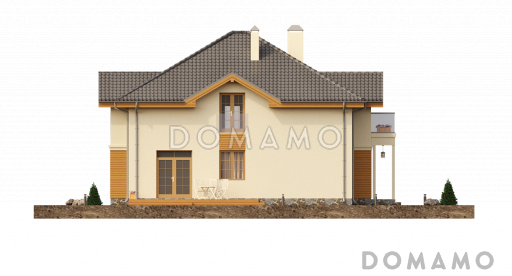 Проект загородного дома с кладовой в кухне, просторной гостиной, террасой, балконом / Фасад 1