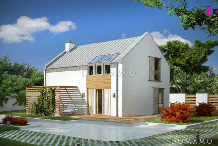 Проект компактного одноэтажного дома из газобетона с ночной зоной на мансардном этаже и открытой террасой вдоль дома