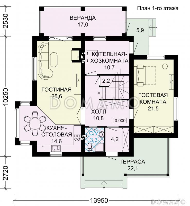 Проект  двухэтажного дома с просторной верандой / План 1 этажа