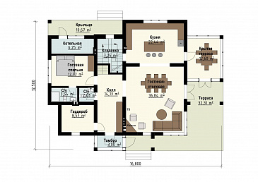 Проект дома для семьи от четырех человек с террасами, просторной кухней-столовой, хозяйской спальней на втором этаже / План 1 этажа Проект дома для семьи от четырех человек с террасами, просторной кухней-столовой, хозяйской спальней на втором этаже / План 1 этажа