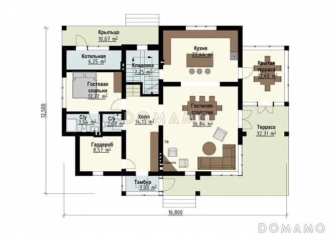Проект дома для семьи от четырех человек с террасами, просторной кухней-столовой, хозяйской спальней на втором этаже / План 1 этажа Проект дома для семьи от четырех человек с террасами, просторной кухней-столовой, хозяйской спальней на втором этаже / План 1 этажа