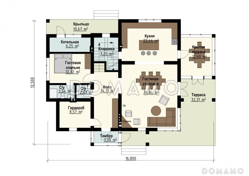 Проект дома для семьи от четырех человек с террасами, просторной кухней-столовой, хозяйской спальней на втором этаже / План 1 этажа Проект дома для семьи от четырех человек с террасами, просторной кухней-столовой, хозяйской спальней на втором этаже / План 1 этажа