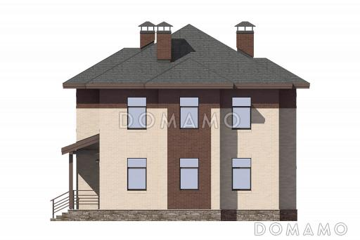 Проект дома с небольшой крытой террасой, эркерами, гостевой на первом этаже, кладовой под лестницей, кабинетом / Фасад 4