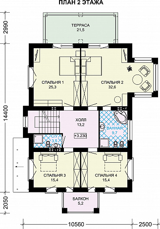 Проект дома из газобетона с просторным балконом на втором этаже / План 2 этажа