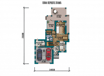 Проект двухэтажного дома с открытой террасой и гаражом на два автомобиля / План 1 этажа Проект двухэтажного дома с открытой террасой и гаражом на два автомобиля / План 1 этажа