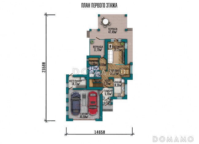 Проект двухэтажного дома с открытой террасой и гаражом на два автомобиля / План 1 этажа Проект двухэтажного дома с открытой террасой и гаражом на два автомобиля / План 1 этажа