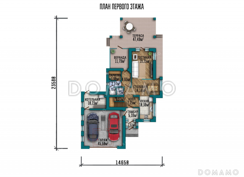 Проект двухэтажного дома с открытой террасой и гаражом на два автомобиля / План 1 этажа