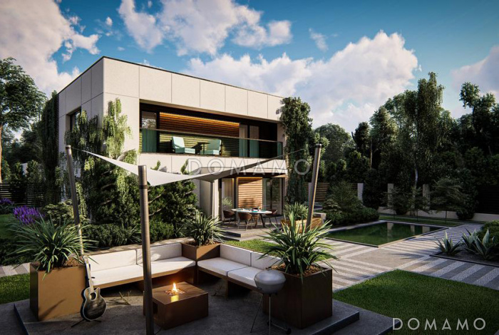 Проект современного двухэтажного дома с гаражом, кладовой, хозяйской спальней