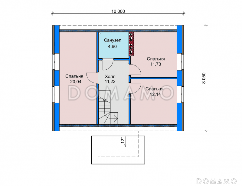 Проект загородного дома с небольшой верандой, спальней на первом этаже, совмещенной кухней-столовой / План мансардного этажа