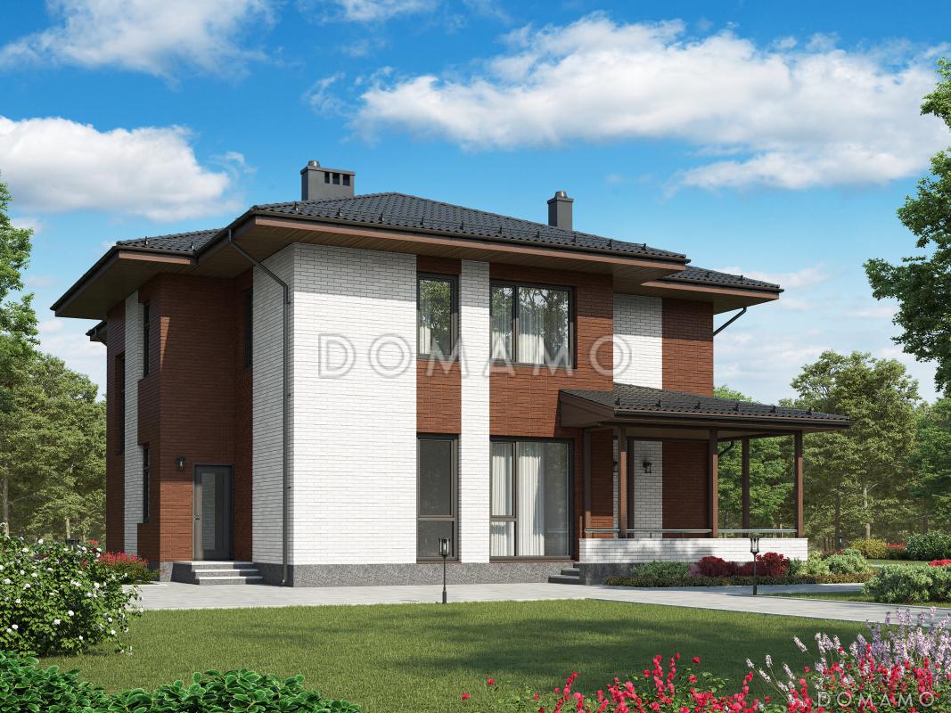 Проект двухэтажного дома из газобетона с крытой террасой, просторной гостиной с камином / 2