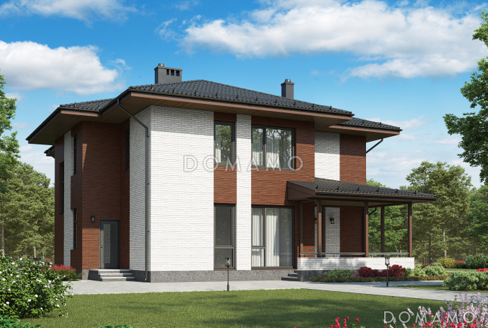 Проект двухэтажного дома из газобетона с крытой террасой, просторной гостиной с камином Проект двухэтажного дома из газобетона с крытой террасой, просторной гостиной с камином