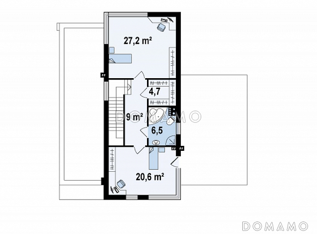 Проект современного двухэтажного дома из газобетона в стиле модерн, с террасой на втором уровне, с гаражом / План 2 этажа Проект современного двухэтажного дома из газобетона в стиле модерн, с террасой на втором уровне, с гаражом / План 2 этажа