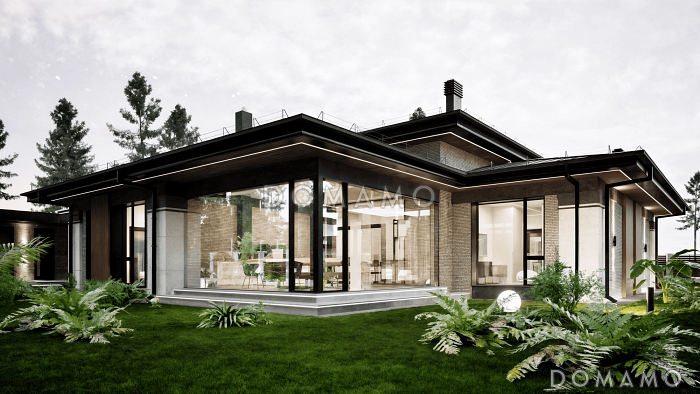 Проект дома из газобетона с верандой, сауной и двухместным автонавесом