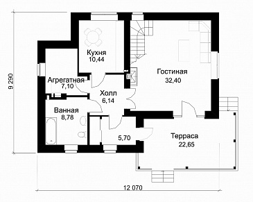 Проект жилого дома с террасой / План 1 этажа Проект жилого дома с террасой / План 1 этажа
