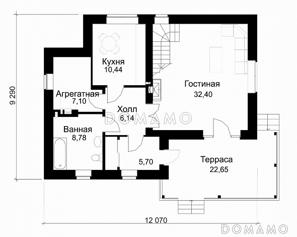 Проект жилого дома с террасой / План 1 этажа Проект жилого дома с террасой / План 1 этажа