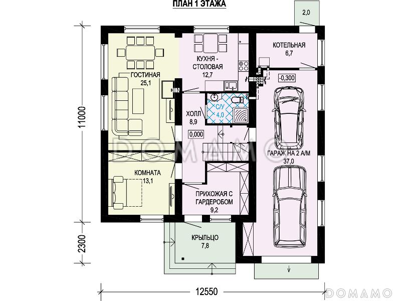 Проект загородного дома с гаражом на 2 машины, прихожей с гардеробом, кабинетом / План 1 этажа
